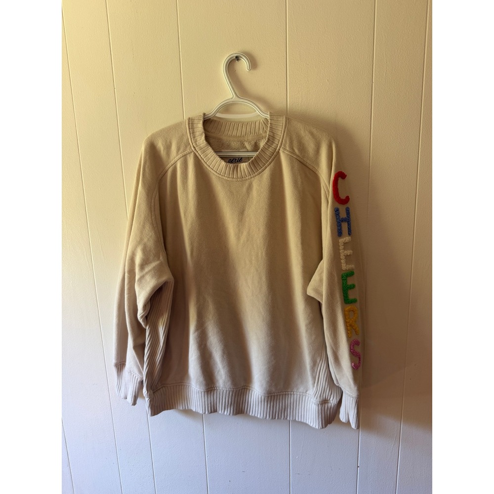 Aerie Womens Cheers Chenille Patch Sleeve Sweatshirt Cream Beige Size Medium